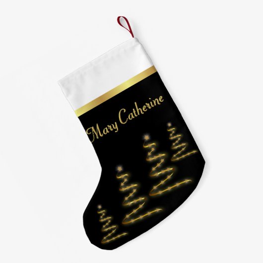 Elegante gouden lint bomen en sterren op zwart kleine kerstsok (Achterkant (Hangend))