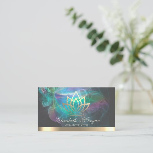 Elegante gouden lotus, holografische inkt yoga visitekaartje (Staand voorkant)