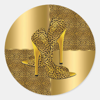 Elegante Gouden Luipaard Hoge Hak Schoenen Dier Ronde Sticker