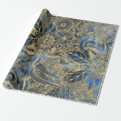 Elegante gouden mandala bloemen blauwe nevel cadeaupapier (Uitgerold)