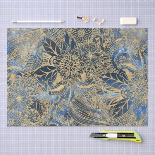 Elegante gouden mandala bloemen blauwe nevel tissuepapier (Craft)