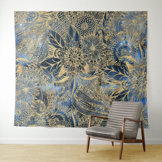 Elegante gouden mandala bloemen blauwe nevel wandkleed (In Situ (horizontaal))