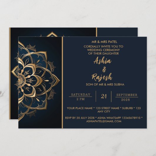 Elegante gouden mandala bruiloft uitnodiging (Voorkant / Achterkant)