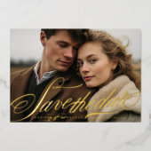 Elegante gouden marine blauwe kalligrafie QR Code Folie Uitnodiging (Voorkant)