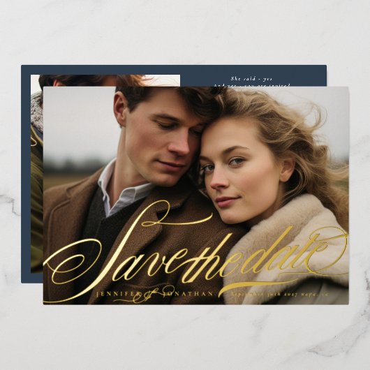 Elegante gouden marine blauwe kalligrafie QR Code Folie Uitnodiging (Voorkant / Achterkant)