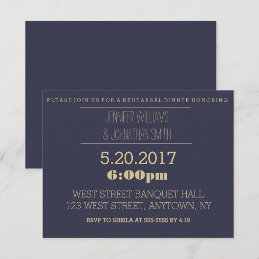 Elegante gouden marine repetitie diner uitnodiging (Voorkant / Achterkant)
