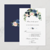 Elegante gouden marineblauwe bloesem bloemen bloei RSVP kaartje (Voorkant / Achterkant)