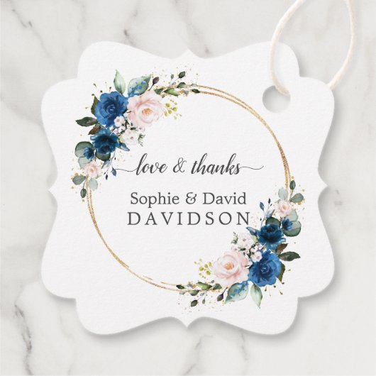 Elegante gouden marineblauwe roze bloemen bloeiend bedankjes labels (Achterkant)