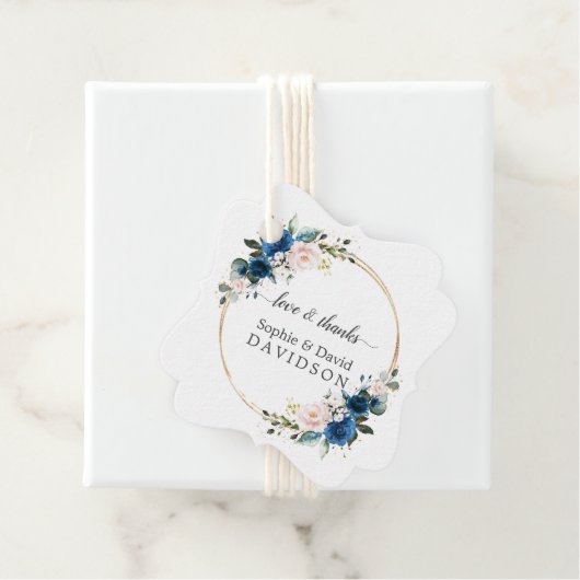 Elegante gouden marineblauwe roze bloemen bloeiend bedankjes labels (In situ)