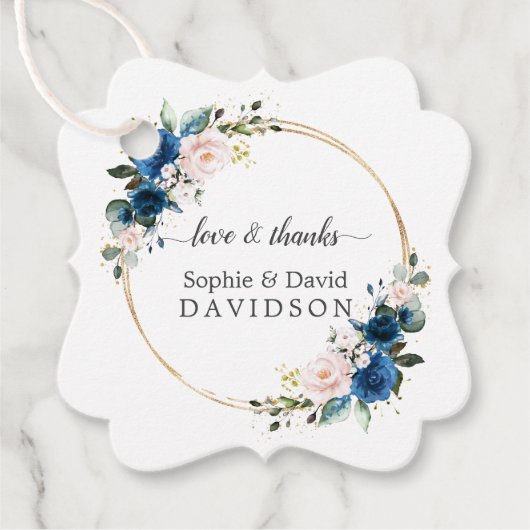 Elegante gouden marineblauwe roze bloemen bloeiend bedankjes labels (Voorkant)