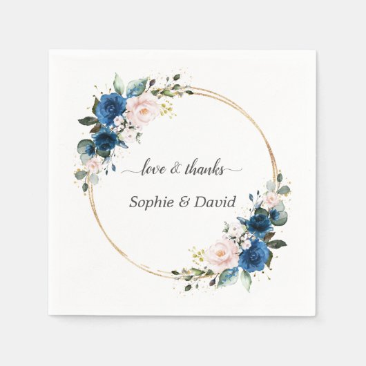 Elegante gouden marineblauwe roze bloemen bloeiend servet (Voorkant)