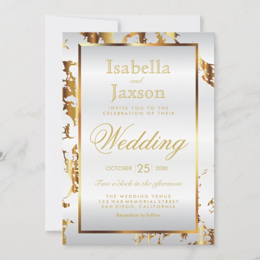 Elegante gouden marmer en witte satijn uitnodiging (Voorkant)