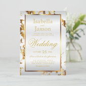 Elegante gouden marmer en witte satijn uitnodiging (Staand voorkant)