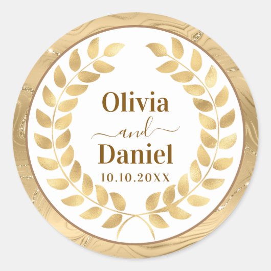 Elegante gouden marmer & krans gepersonaliseerde t ronde sticker (Voorkant)