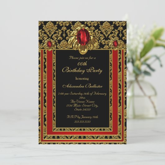 Elegante Gouden Marokkaanse Stijl Rode Edelsteen V Kaart (Staand voorkant)