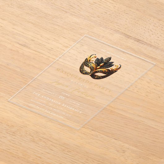 Elegante gouden maskerade feestverjaardag acryl uitnodigingen (Laagn)