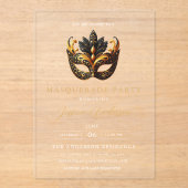 Elegante gouden maskerade feestverjaardag acryl uitnodigingen (Voorkant)
