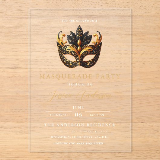 Elegante gouden maskerade feestverjaardag acryl uitnodigingen (Voorkant)
