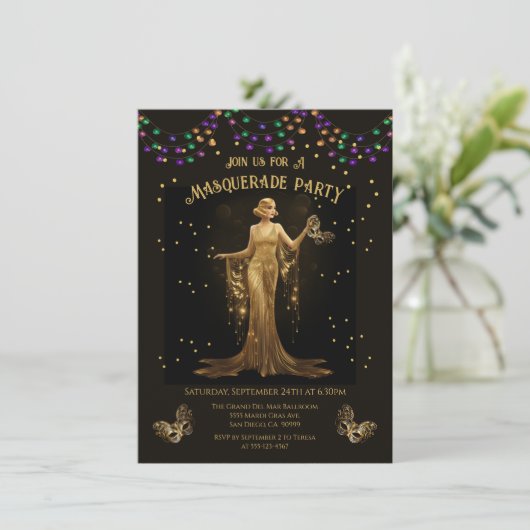 Elegante gouden maskerade partij kaart (Staand voorkant)