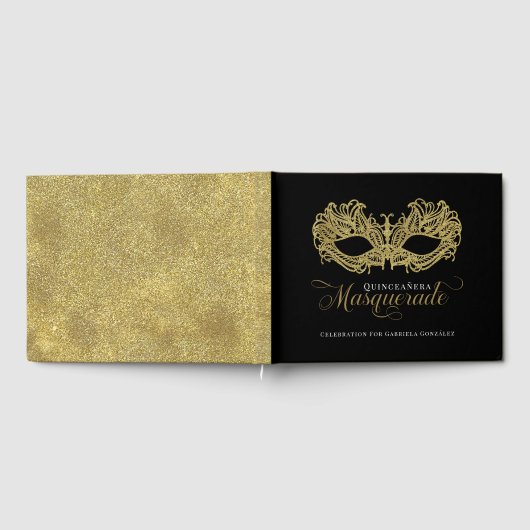Elegante gouden maskerade Quinceanera Gastenboek (Volledig)