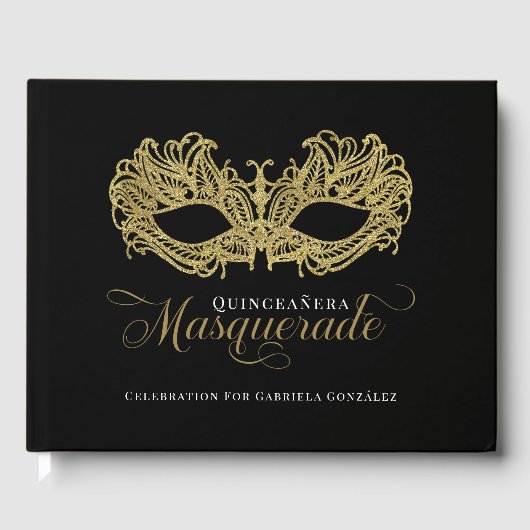 Elegante gouden maskerade Quinceanera Gastenboek (Voorkant)