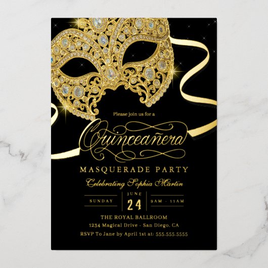 Elegante gouden maskerade Quinceanera uitnodiging (Voorkant)