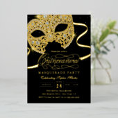 Elegante gouden maskerade Quinceanera uitnodiging (Staand Voorkant)