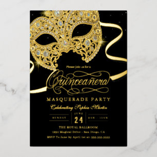 Elegante Gouden Masquerade Quinceanera Uitnodiging
