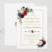 Elegante Gouden Merlot Navy Blauwe Bloemige Bruilo Kaart (Voorkant / Achterkant)