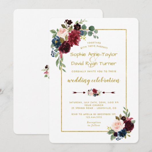 Elegante Gouden Merlot Navy Blauwe Bloemige Bruilo Kaart (Voorkant / Achterkant)