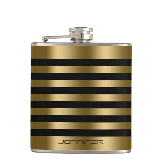 Elegante gouden metallic strepen zwarte achtergron heupfles (Voorkant)