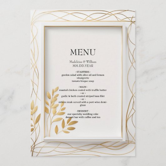 Elegante gouden minimalistische eucalyptus bruilof menu (Voorkant)