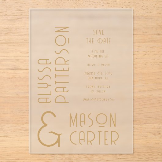 Elegante gouden moderne bruiloft save the date acryl uitnodigingen (Voorkant)