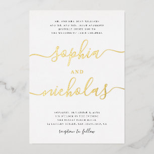 Elegante gouden moderne kalligrafie huwelijkscript folie uitnodiging