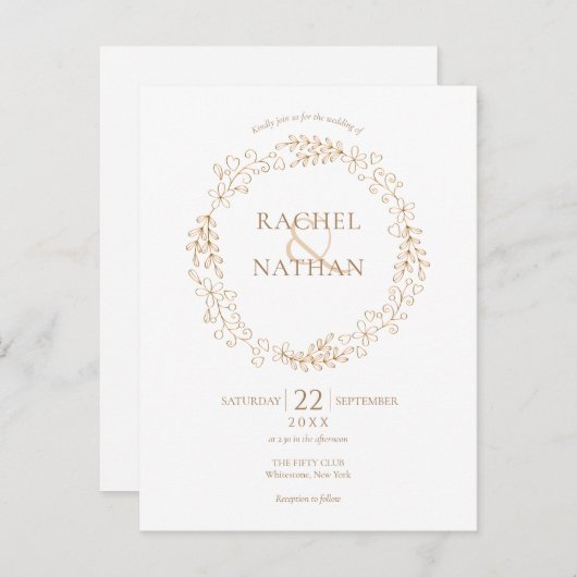 Elegante gouden moderne laurierkrans bruiloft uitnodiging briefkaart (Voorkant / Achterkant)