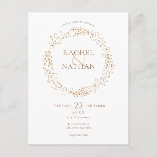 Elegante gouden moderne laurierkrans bruiloft uitnodiging briefkaart (Voorkant)