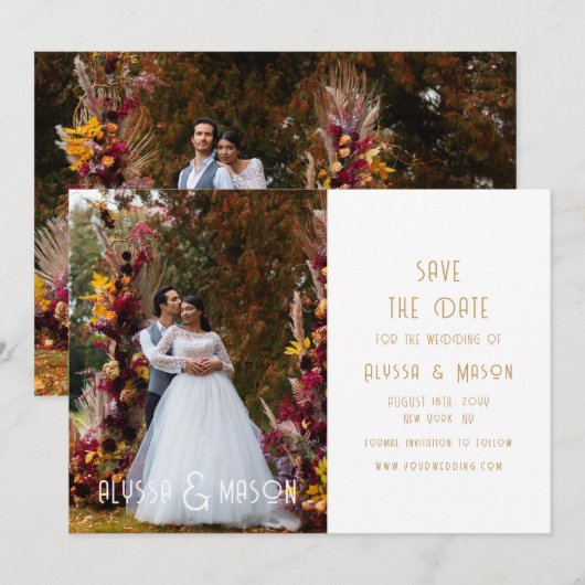 Elegante gouden moderne trouwfoto save the date (Voorkant / Achterkant)