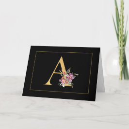 Elegante Gouden Monogram A met Roze Bloemen Notitiekaartje