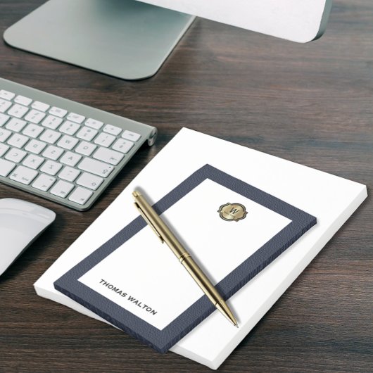Elegante Gouden Monogram Blauwe Leerlook Post-it® Notes