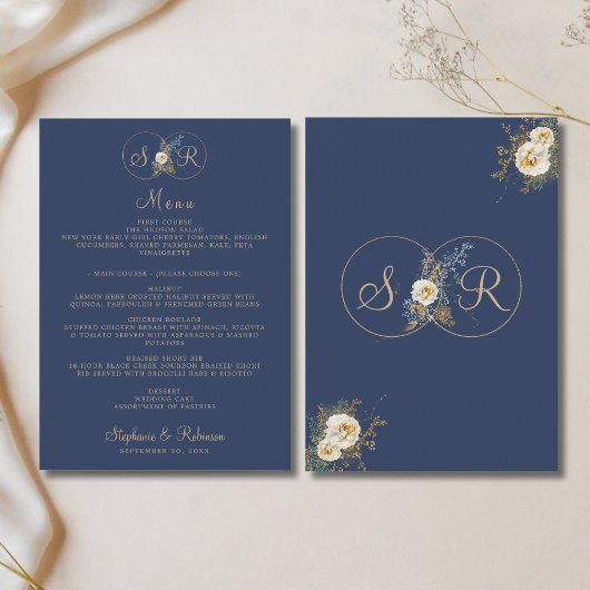 Elegante gouden monogram Bloemen Marine Blauwe bru Menu