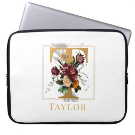 Elegante Gouden Monogram Bordeaux Bloemen en Naam Laptop Sleeve