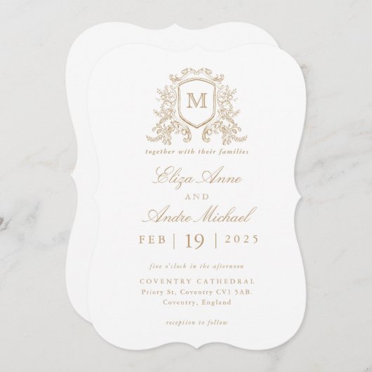 Elegante Gouden Monogram Crest Custom Wedding Kaart (Voorkant / Achterkant)