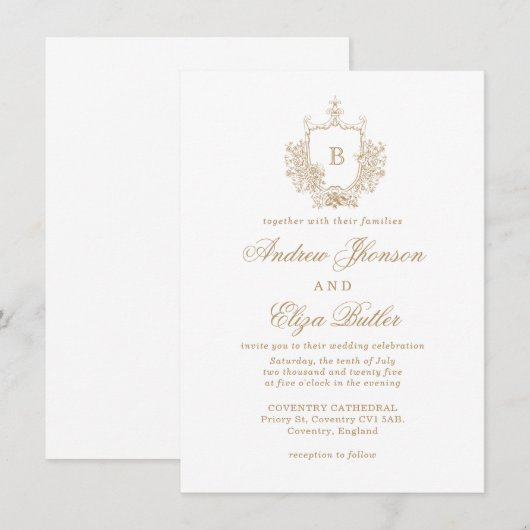 Elegante Gouden Monogram Crest Custom Wedding Kaart (Voorkant / Achterkant)