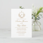 Elegante Gouden Monogram Crest Custom Wedding Kaart (Staand voorkant)