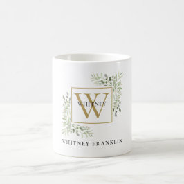 Elegante Gouden Monogram Eucalyptus Groenelementen Koffiemok