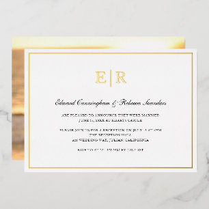 Elegante gouden monogram formele huwelijksreceptie folie uitnodiging