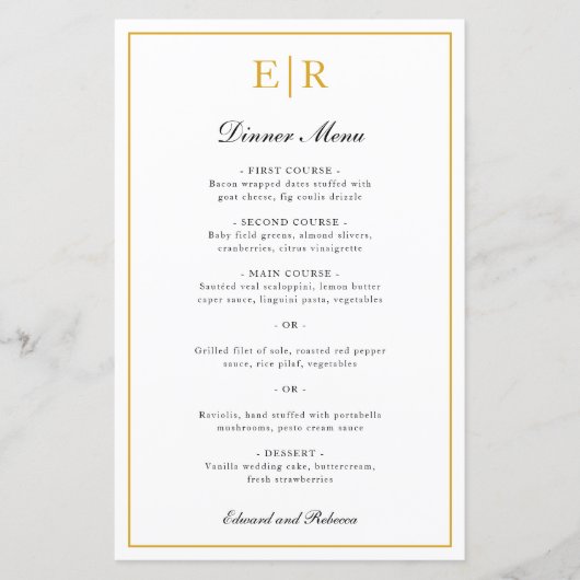 Elegante gouden monogram formele trouwmenu (Voorkant)