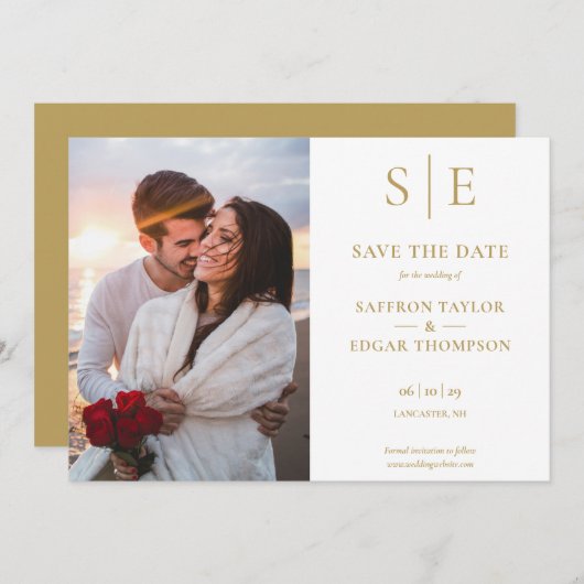 Elegante gouden monogram foto bruiloft save the date (Voorkant / Achterkant)