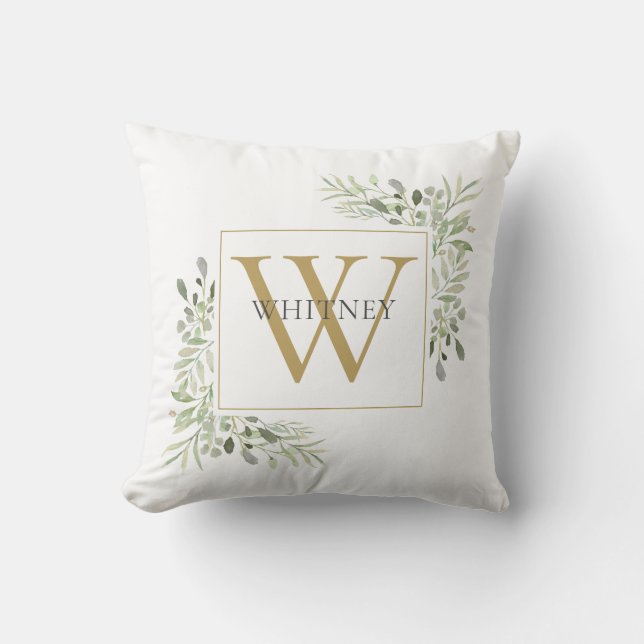 Elegante gouden monogram groen gebladerte kussen (Voorkant)