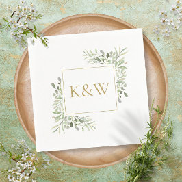 Elegante Gouden Monogram Groene Blad Bruiloft Servet